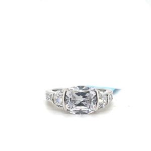 East-West Cushion Cut Ring with Half Moon Side Stones